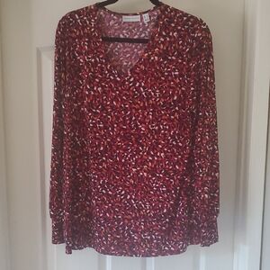 Susan Graver Women's Liquid Knit Red Printed Top w/ cuffed long sleeves